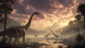 A vivid scene of dinosaurs in a prehistoric landscape