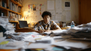 A student at their desk, surrounded by papers