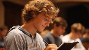 A student confidently reviewing notes about the 'be going to' future tense, with a sense of accomplishment. 