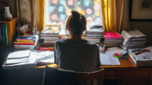 A student sitting at a desk. The desk is cluttered with grammar books and a highlighter, creating a focused and study-driven atmosphere