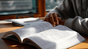A student sitting at a desk with an open grammar book