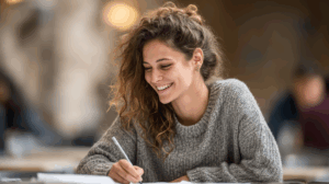 A student smiling with satisfaction as they review their written future plans in a notebook