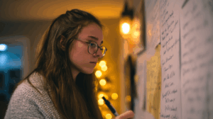 A student studying English, reviewing a chart on the wall