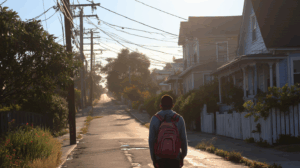 A student walking through a quiet neighborhood with a backpack