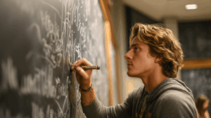 A student writing on a chalkboard