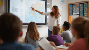 A teacher pointing to a chart on the wall. The classroom is well-lit, with students looking at the chart.