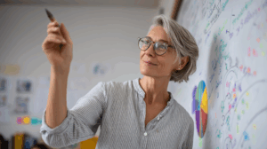A teacher pointing to a chart on the wall