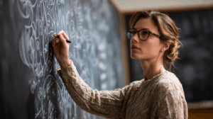 A teacher writing on a blackboard