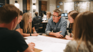 A team gathered around a conference table, discussing their plans for an upcoming project. 