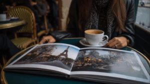 Two friends talking over coffee, one asking the other about their mountain climbing experience