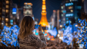 A person taking a photo in front of a famous Tokyo landmark