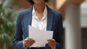 A woman in a professional outfit, holding a job offer letter