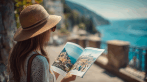 A woman looking at a travel brochure for Italy, planning her summer trip. 
