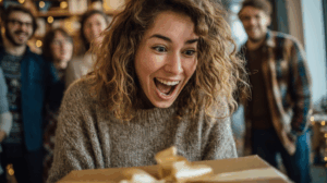 A woman opening a gift with excitement and surprise, surrounded by friends or family