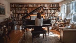 A woman playing a grand piano in a cozy living room