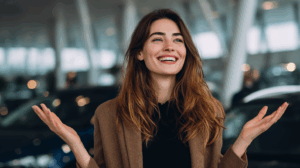 A woman standing at a car dealership, looking at a new car with excitement.