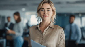 A woman standing in an office, receiving a promotion announcement.
