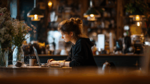 A woman working on a laptop in a cafe