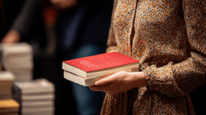 A writer holding their newly published book at a book launch event