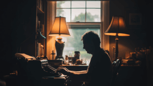 iter sitting at a desk, typing a short story