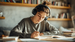 A young adult learner sitting at a desk with a planner, English textbook, and headphones on