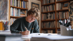 A young adult learner studying at a desk