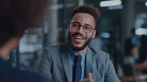 A manager asking an employee in the office if they have finished the report
