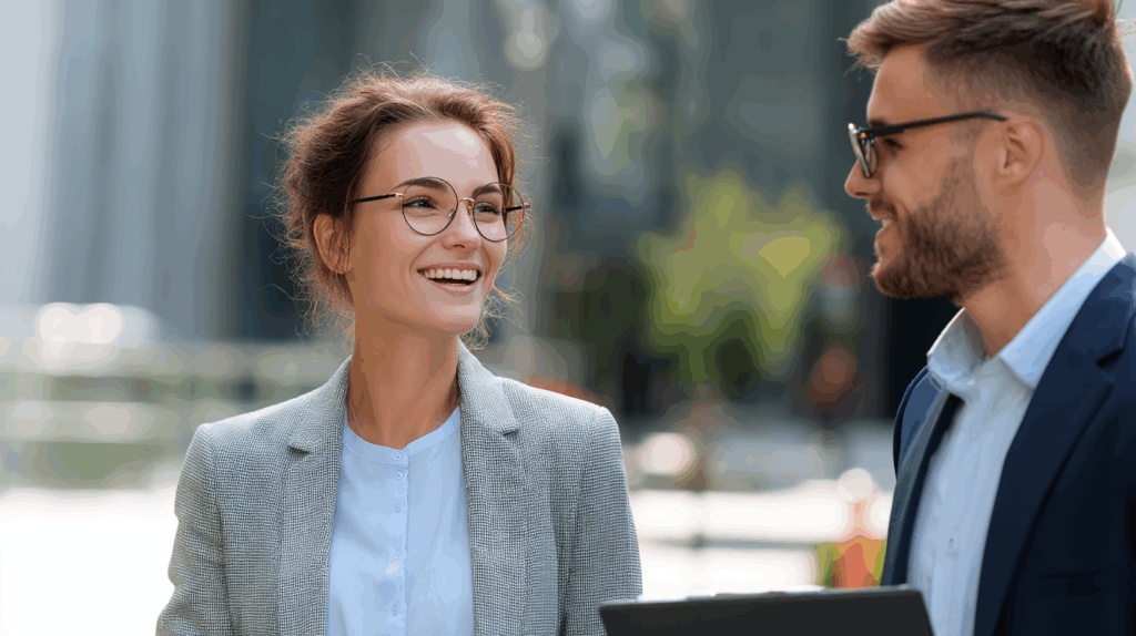 A young professional talking with their colleague