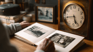 An individual looking at a photo album, reflecting on a past trip or event, with a clock in the background