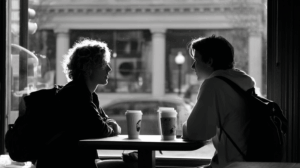 Two childhood friends meeting for coffee, reminiscing about their long friendship from school days.