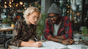 Two colleagues are discussing a project at a coffee shop