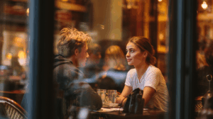 Two people having a conversation in a café