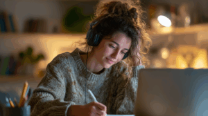 Young woman watching a video lesson, shaking her head and taking notes