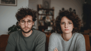 a man and a woman sitting next to each other looking disappointed