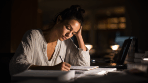 a woman studying for three hours