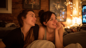 bestfriends on a couch watching a movie together