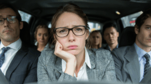 A group of colleagues in a car, looking frustrated as they sit in heavy traffic. 
