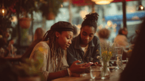 Two friends sitting at a restaurant table