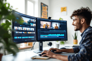 A beginner video editor working confidently on a timeline interface, applying basic techniques like cutting clips, adding transitions, adjusting brightness, and layering audio. Visual cues or overlays highlighting key tools with labels like 'cut', 'transition', 'color grade', 'audio track'. Bright, motivational atmosphere, suggesting growth and creativity.