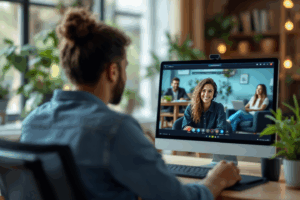 A remote employee on a video call with a marketing team