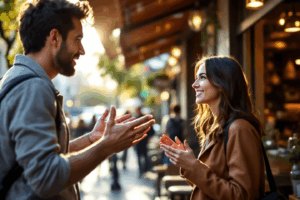 a man and a woman talking to each other