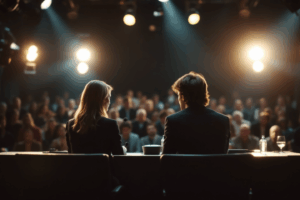 A debate scene where people are discussing a topic