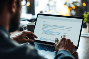 A business professional reviewing a well-structured email draft on a laptop