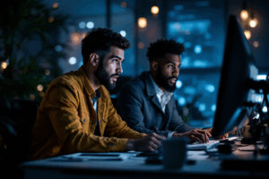Two colleagues working intensely at a desk, computer screen suddenly going black, shocked expressions