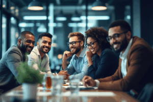 Group of coworkers recently seated at a conference table