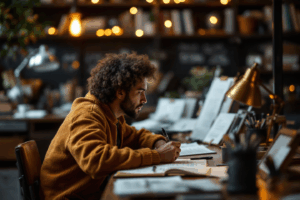 A writer sitting at a desk, drafting a creative story