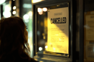 A thoughtful person looking at a canceled project notice on a bulletin board.