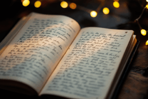 An open diary or journal with handwritten entries
