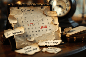A collection of time expressions like 'for', 'since', 'lately', 'recently' floating around a calendar or clock, showing how they can be linked to ongoing activities.