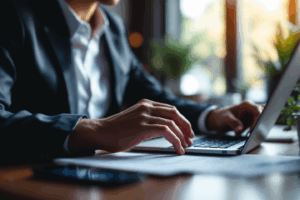 A business professional reviewing a report on their laptop